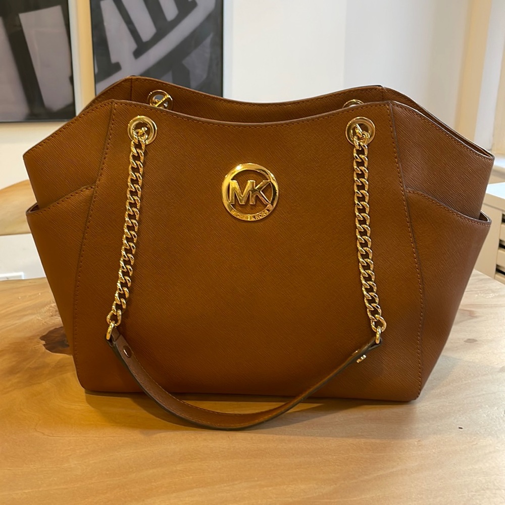 Michael Kors MK Medium Large Brown & Gold Chain Luggage Handbag Purse